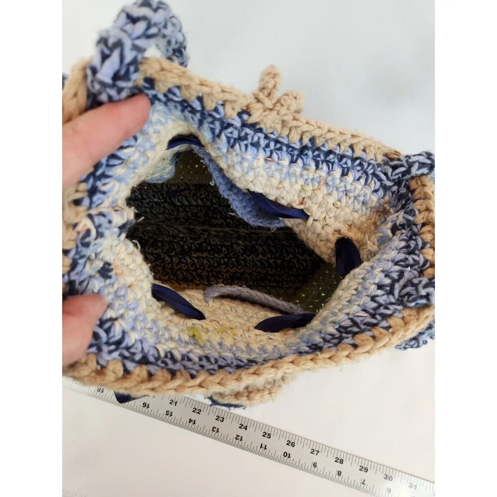 Funky Fun Handmade Crochet Knit Bag Large Purse‎ Boho Hippie Flowers Blue Beige